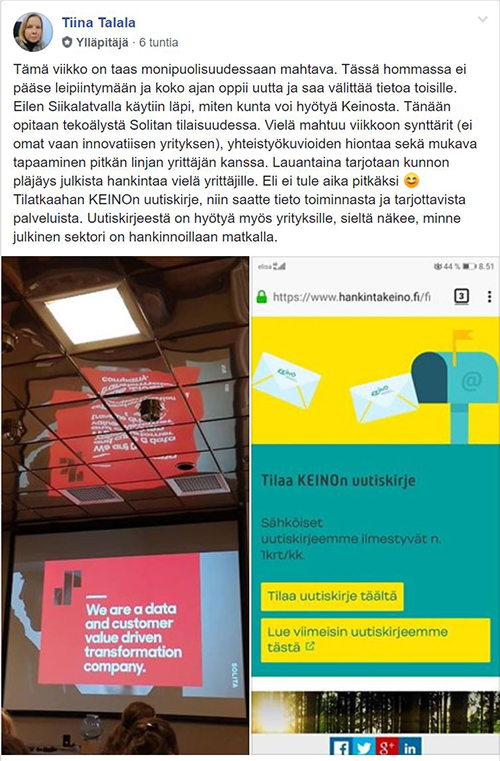 Kuvassa muutosagentin Facebook-päivitys työstään